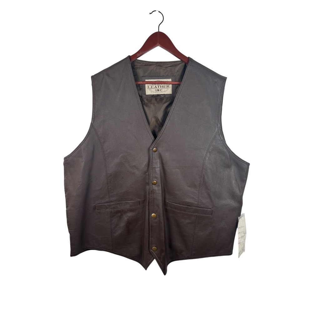 Lucky Leather Inc Leather Vest 3XL V-02 Brown Snap Front V-Neck Motorcycle NWT